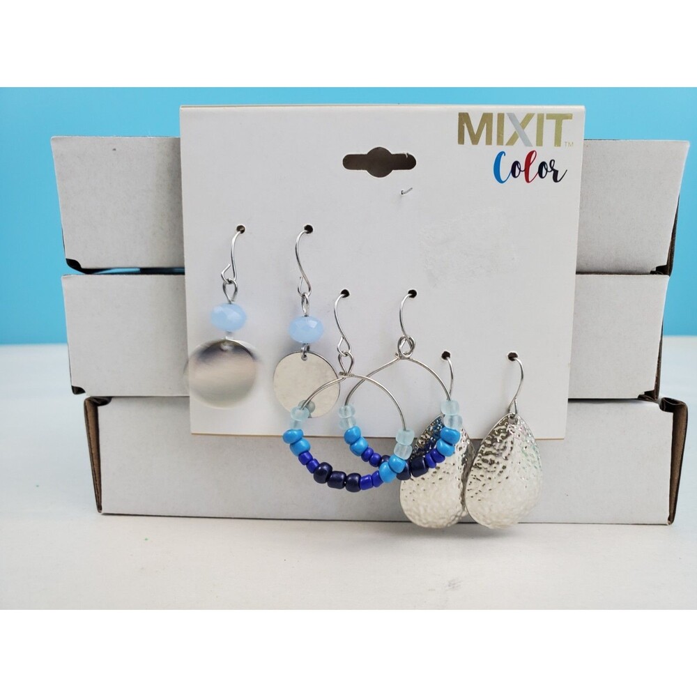Mixit Color Silver Tone Dangle Earrings Set Blue Beaded Hoop Disc Teardrop 3...